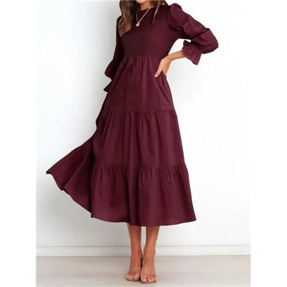 chinese dress ladies Seta T Women's Fall Midi Dress Frilled Crewneck Long Sleeve A-Line Elegant  Flowy Casual Dresses with Pockets Small Black at Amazon Women's Clothing  store main image 1